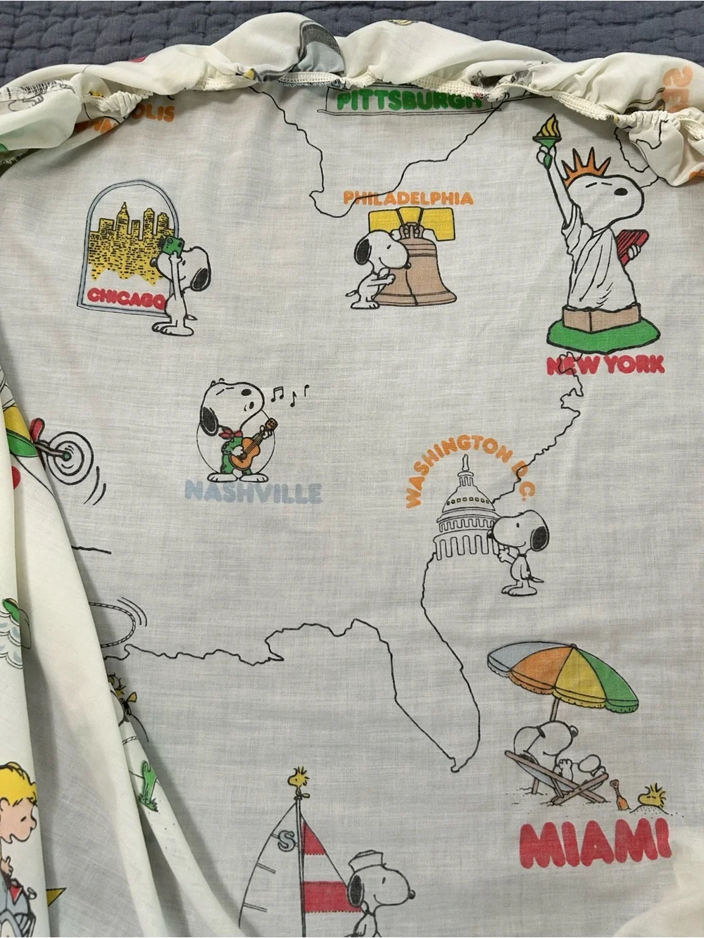 Peanuts ~1970s “See America First” US Cities Vintage Twin Top + Bottom Sheet Set